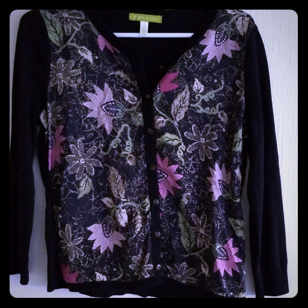 Sigrid Olsen cardigan 3/4 sleevs silk ,nylon S